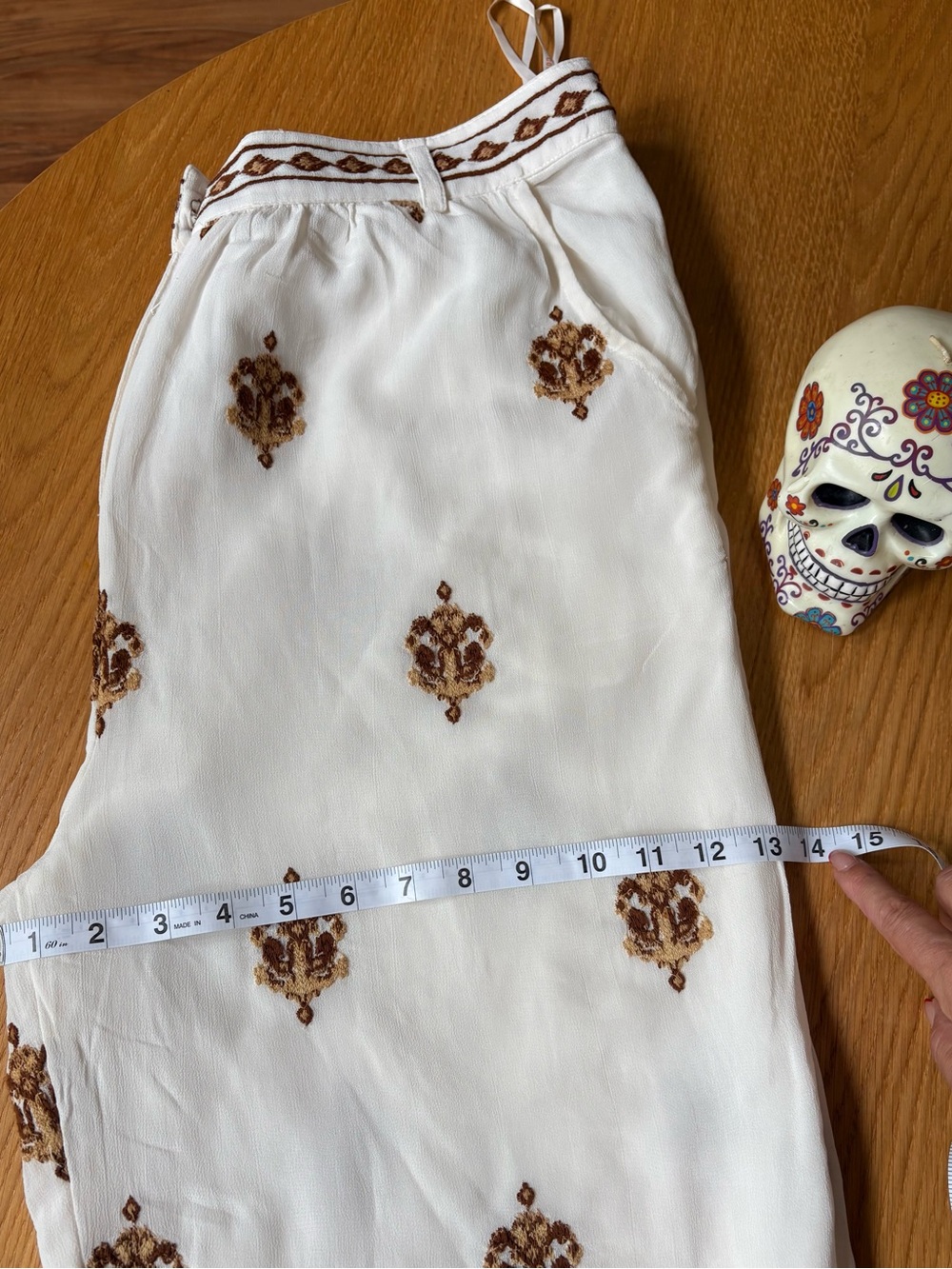 White Embroidered Maxi Skirt with Brown Motifs
